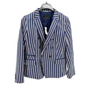 NEW Banana Republic Womens 10 Striped White/Blue Satin Double Breasted Jacket
